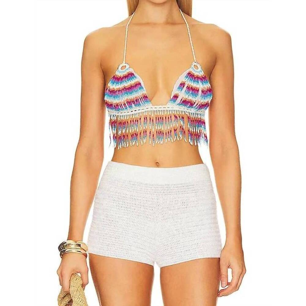NEW MY BEACHY SIDE beaded halter top in fringe multi